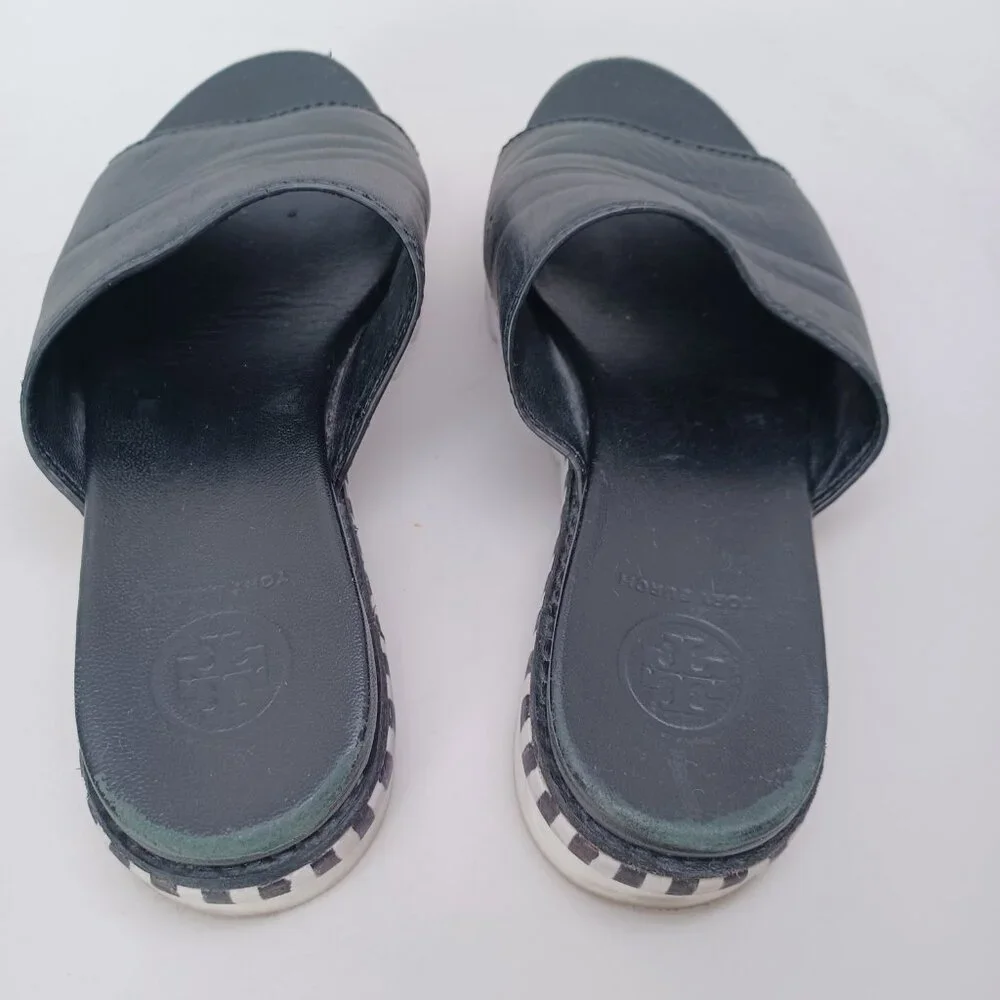 Tory Burch Slides Black Leather Open‎ Toe Sandals Womens 5.5